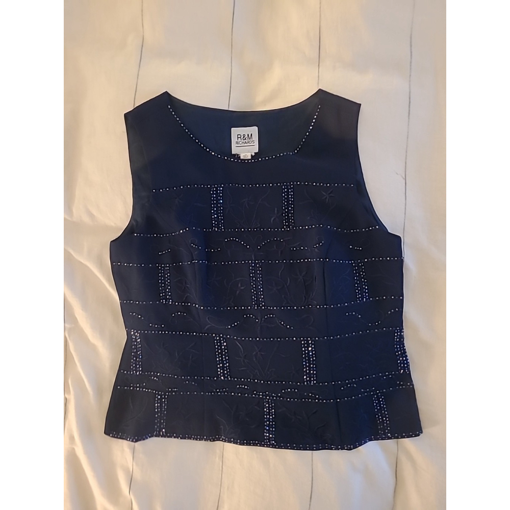 Vintage timeless R&M Richards Navy Formal Beaded Embroidered Top 12 Large